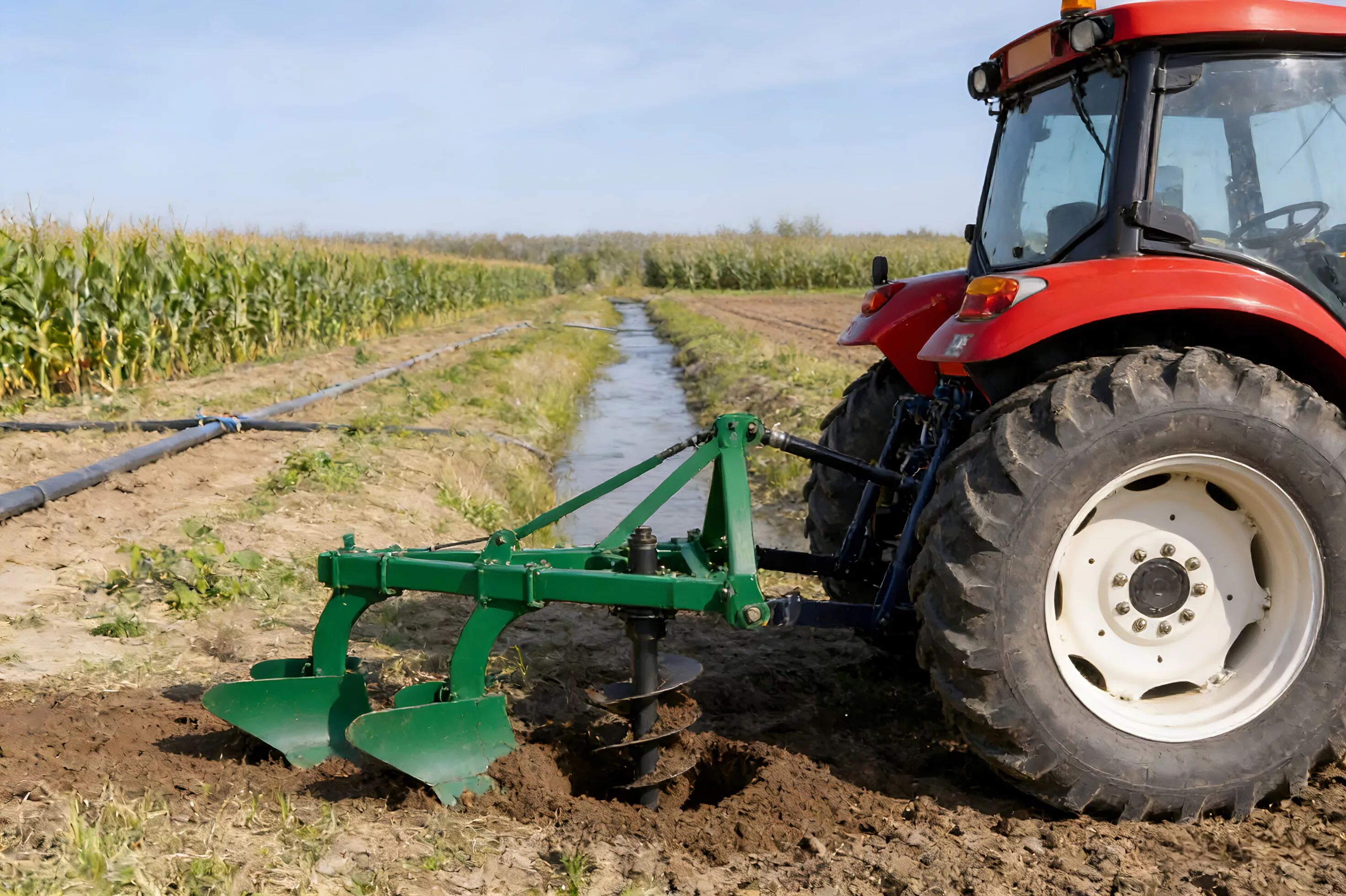 Farmer installing PTO shaft on vegetable seeder